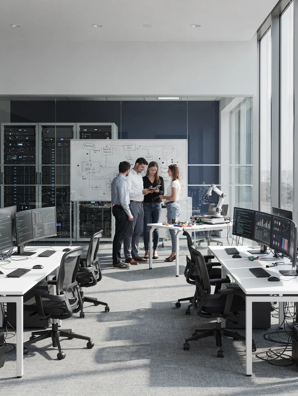 Corvion Tech founding engineering team reviewing technical system schematics in modern headquarters