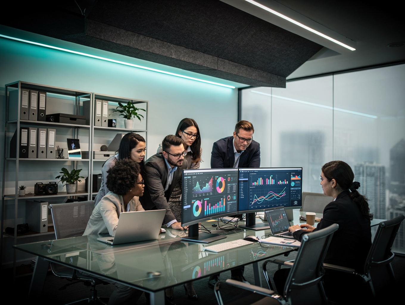Corvion Tech engineering team analyzing live automation models on multi-monitor workstation