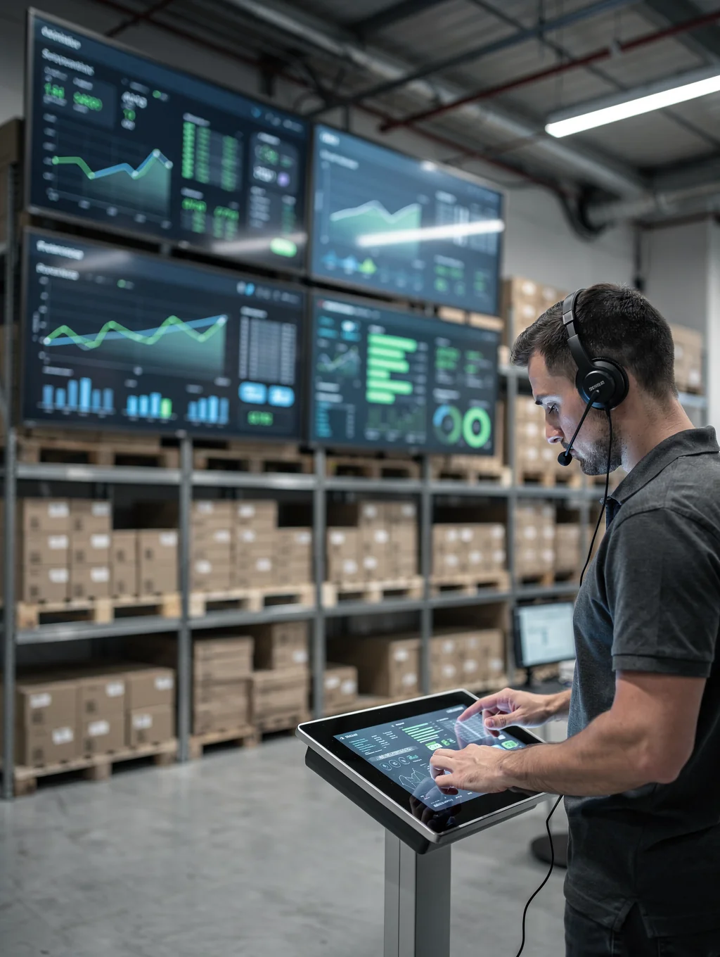Client operations executive inspecting real-time automation monitors in an enterprise facility